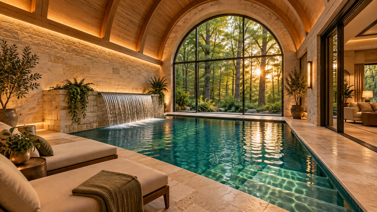 Adrenaland design: a private indoor pool with a limestone waterfall, curved timber ceiling and arched window looking into the forest.