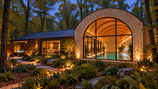Adrenaland villa concept with an arched limestone indoor pool pavilion, a timber living wing and a separate sheltered hot-tub courtyard.