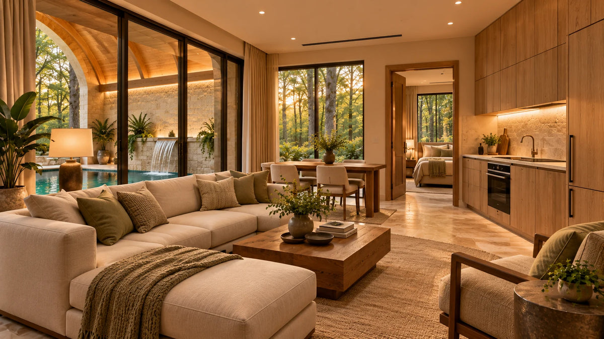 Adrenaland villa interior design showing the living room, full kitchen, a separate bedroom and closed glass doors to the pool pavilion.