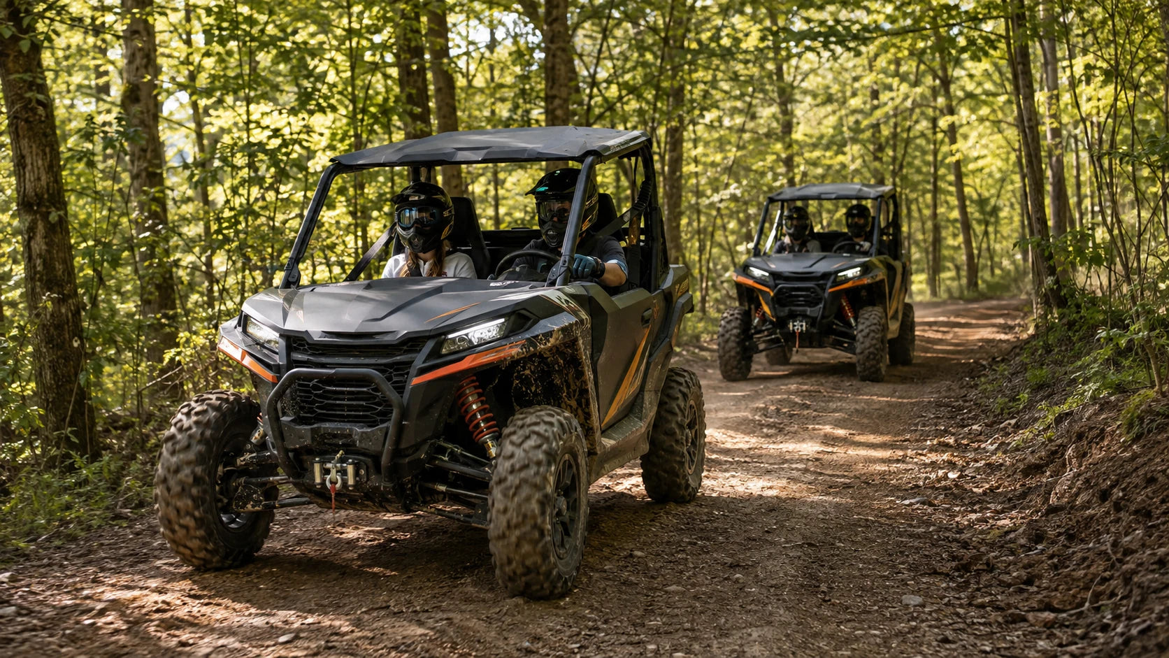 Adrenaland park design showing helmeted riders in off-road vehicles on a trail.